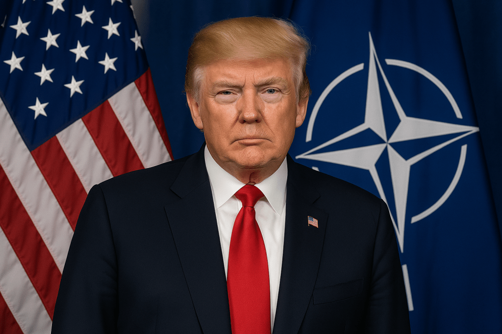 US Pres. Trump with American and NATO flag in the background.